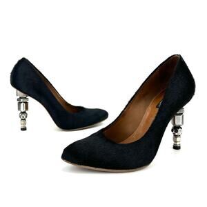 All Saints Spitalfields Jacks Place Pump Size 7 Black Fur Metal Sculpture Heel